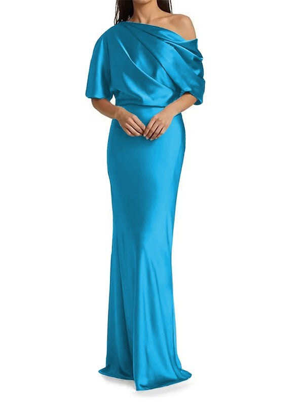 Tight fit/columnar  woven satin pleats on one shoulder 1/2 sleeves and floor length Mother of the bride dress