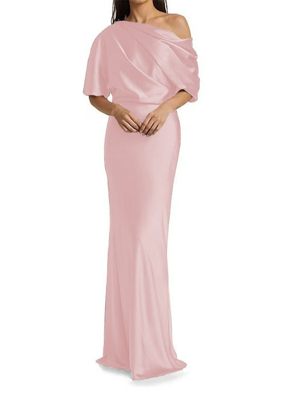 Tight fit/columnar  woven satin pleats on one shoulder 1/2 sleeves and floor length Mother of the bride dress