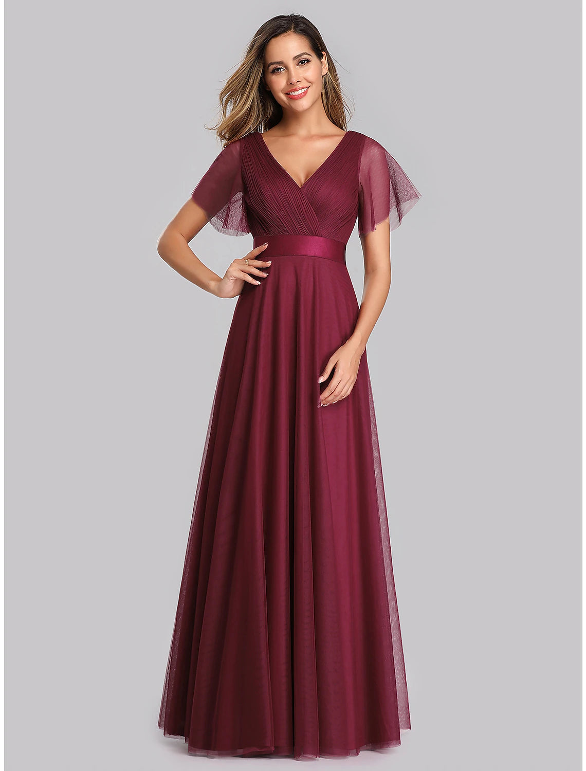 A-Linie Empire-Kleid für Hochzeitsgäste, Ballkleid, V-Ausschnitt, V-Rücken, kurze Ärmel, bodenlang, Chiffon mit Falten, gerüscht