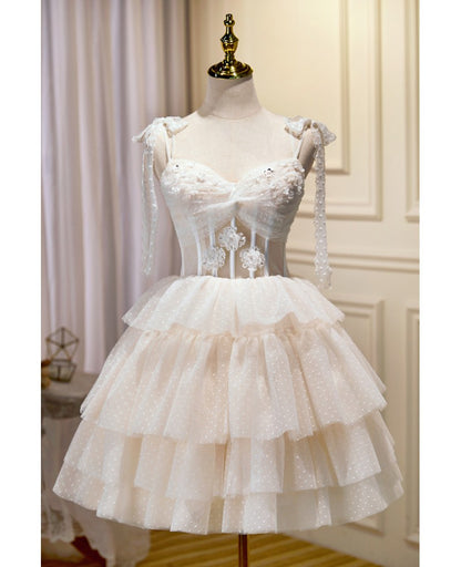 Elegant and Sexy Beige Beaded Shoulder Strap Sleeveless Sequins Evening Short Party Dress Beige Layered Ruffle Edge Open Back Cocktail Dress