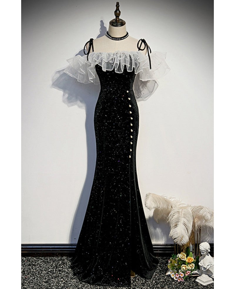 Charmante robe de soirée sans manches en daim perlé noir avec bretelles fendues et robe de bal sirène noire dos nu et longueur au sol