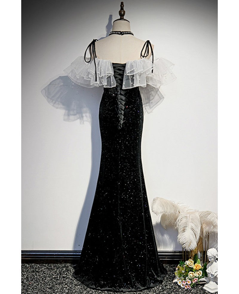 Charmante robe de soirée sans manches en daim perlé noir avec bretelles fendues et robe de bal sirène noire dos nu et longueur au sol
