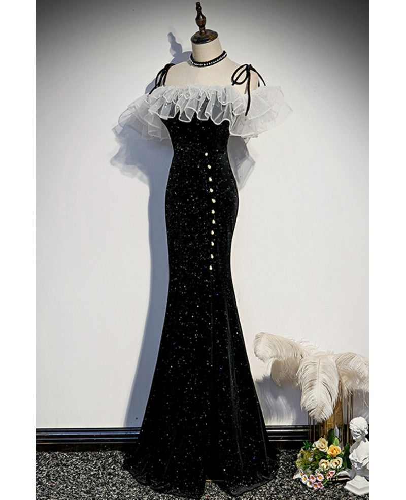 Charmante robe de soirée sans manches en daim perlé noir avec bretelles fendues et robe de bal sirène noire dos nu et longueur au sol