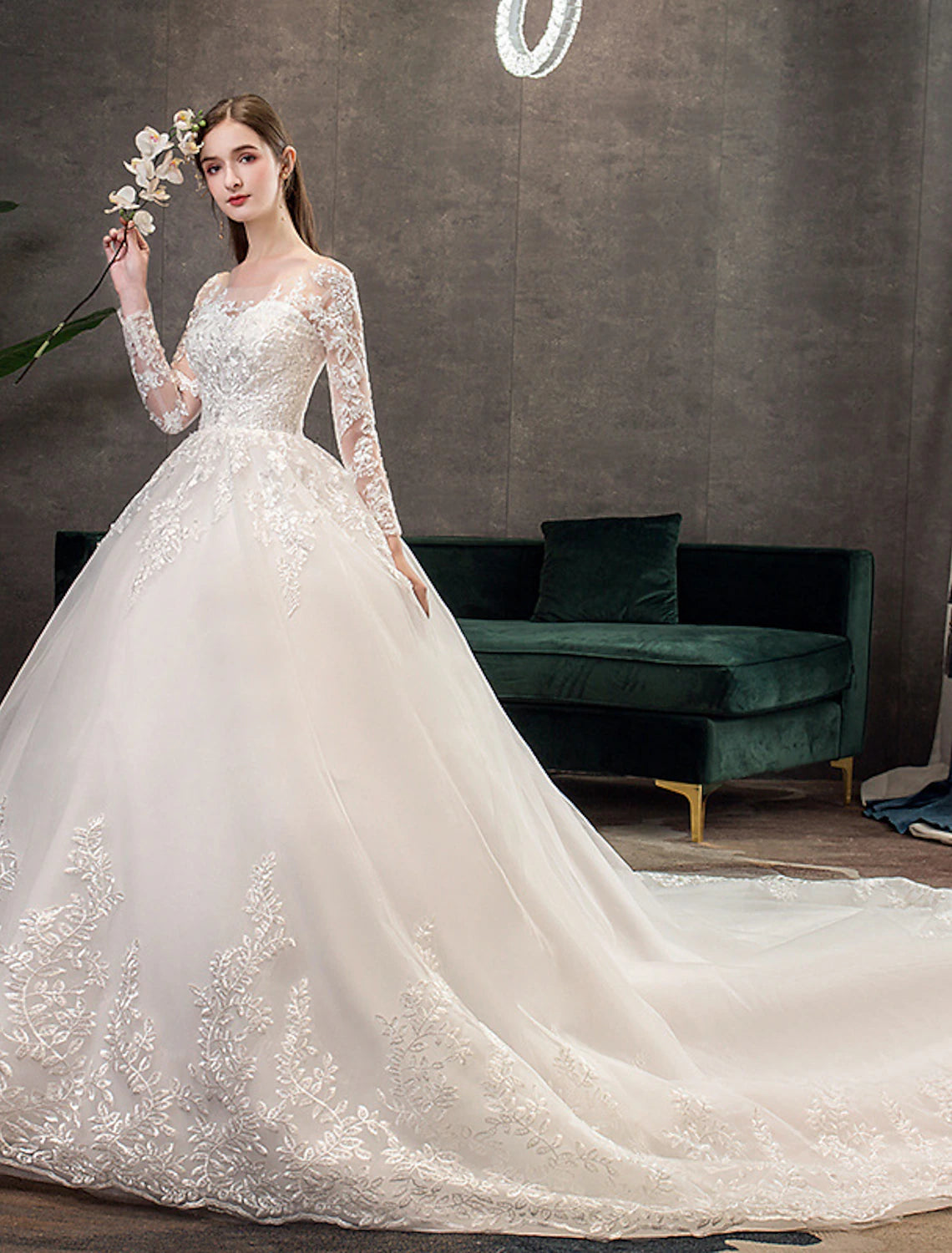 Robes de mariée de fiançailles formelles, robe de bal, col illusion, manches longues, traîne cathédrale, robes de mariée en dentelle avec plis et appliques