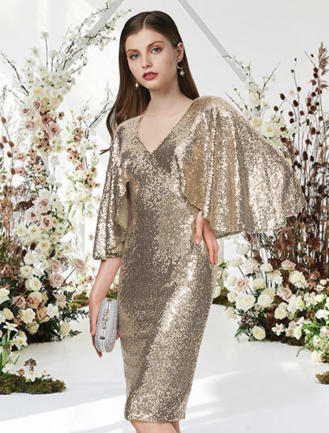 Robe de cocktail fourreau/colonne, robe scintillante, robe de cocktail de remise de diplôme, longueur genou, manches mi-longues, col en V, paillettes et élégante