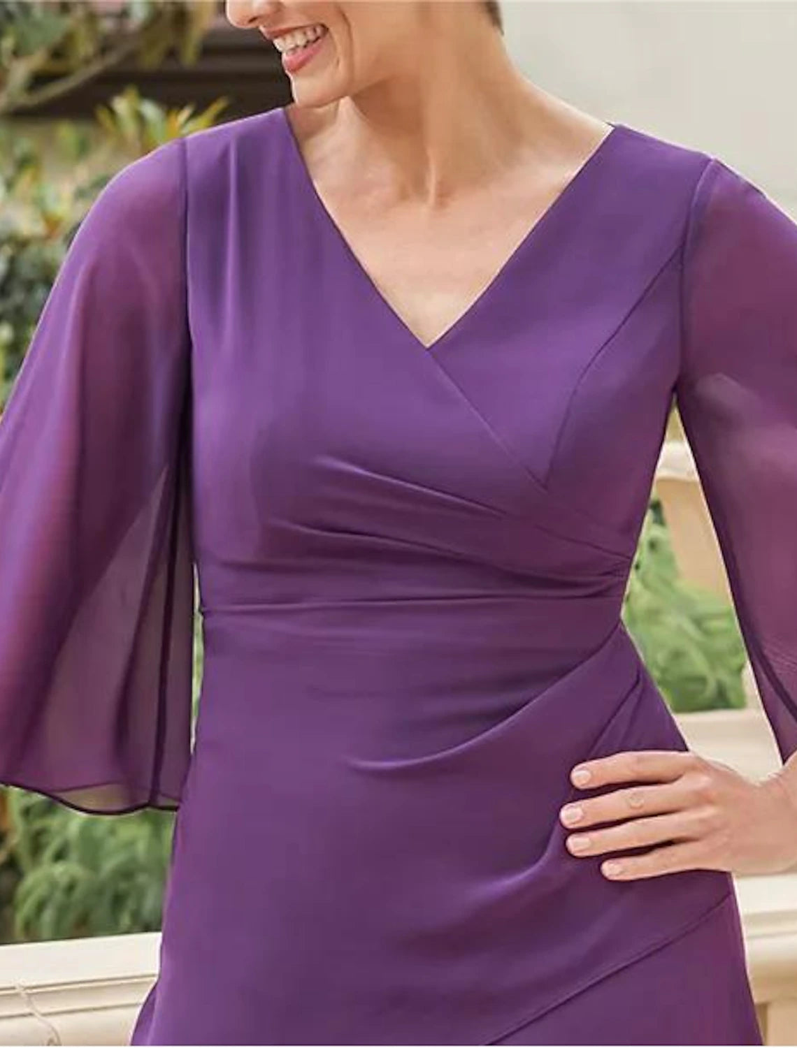 Robe de mère de la mariée trapèze, élégante, col en V, longueur au sol, en mousseline, manches mi-longues, avec volants en cascade, fronces, couleur unie
