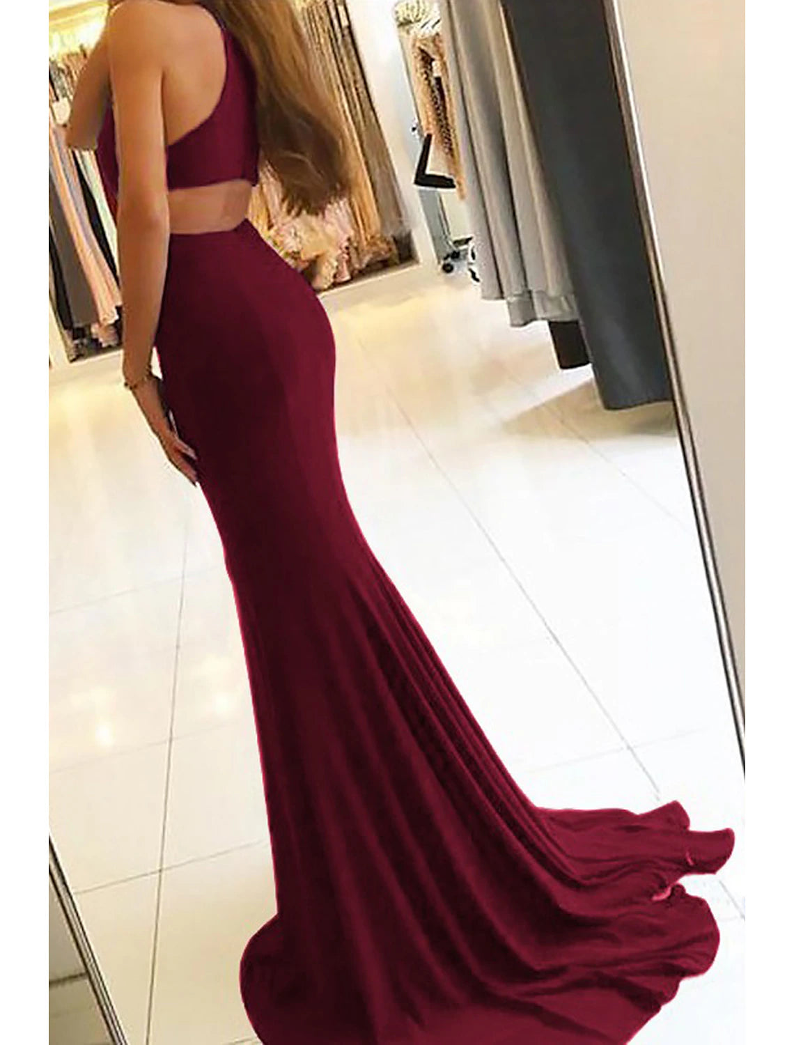 Robe de soirée sirène/trompette moulante, robe de bal formelle, traîne, sans manches, col haut, tissu extensible avec fente