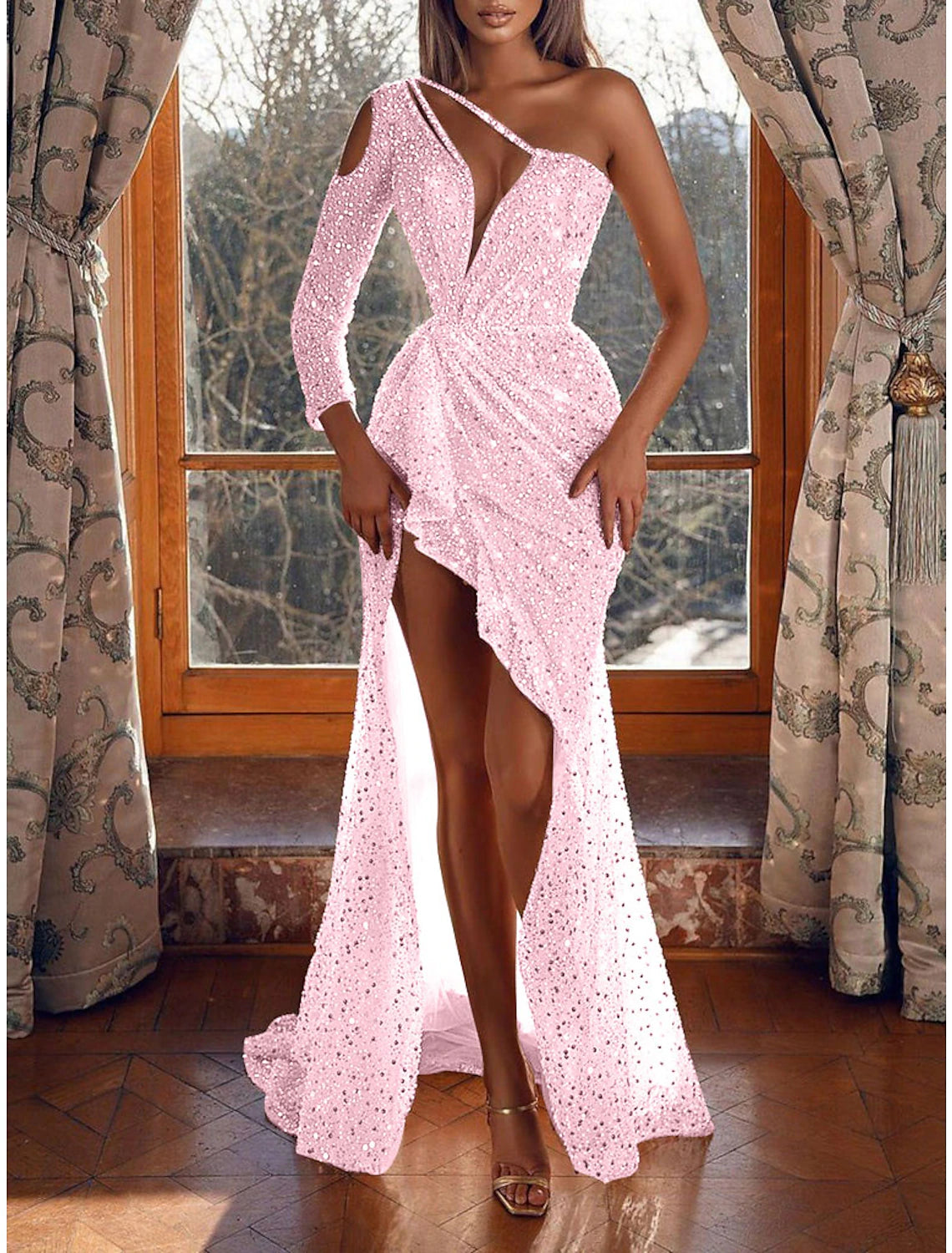 Meerjungfrau/Trompete Ballkleider Sparkle &amp; Shine Kleid Hochzeitsgast Formeller Abend Sweep/Pinsel Schleppe Langarm Ein-Schulter Pailletten mit Pailletten