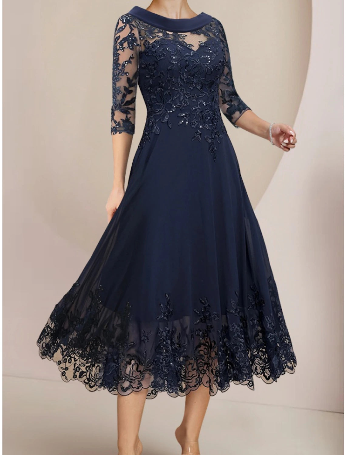 A-Linie Kleid für die Mutter der Braut, Hochzeitsgast, elegant, zierlich, U-Ausschnitt, teelang, Chiffon, Spitze, halbe Ärmel, mit Pailletten, Rüschen, einfarbig