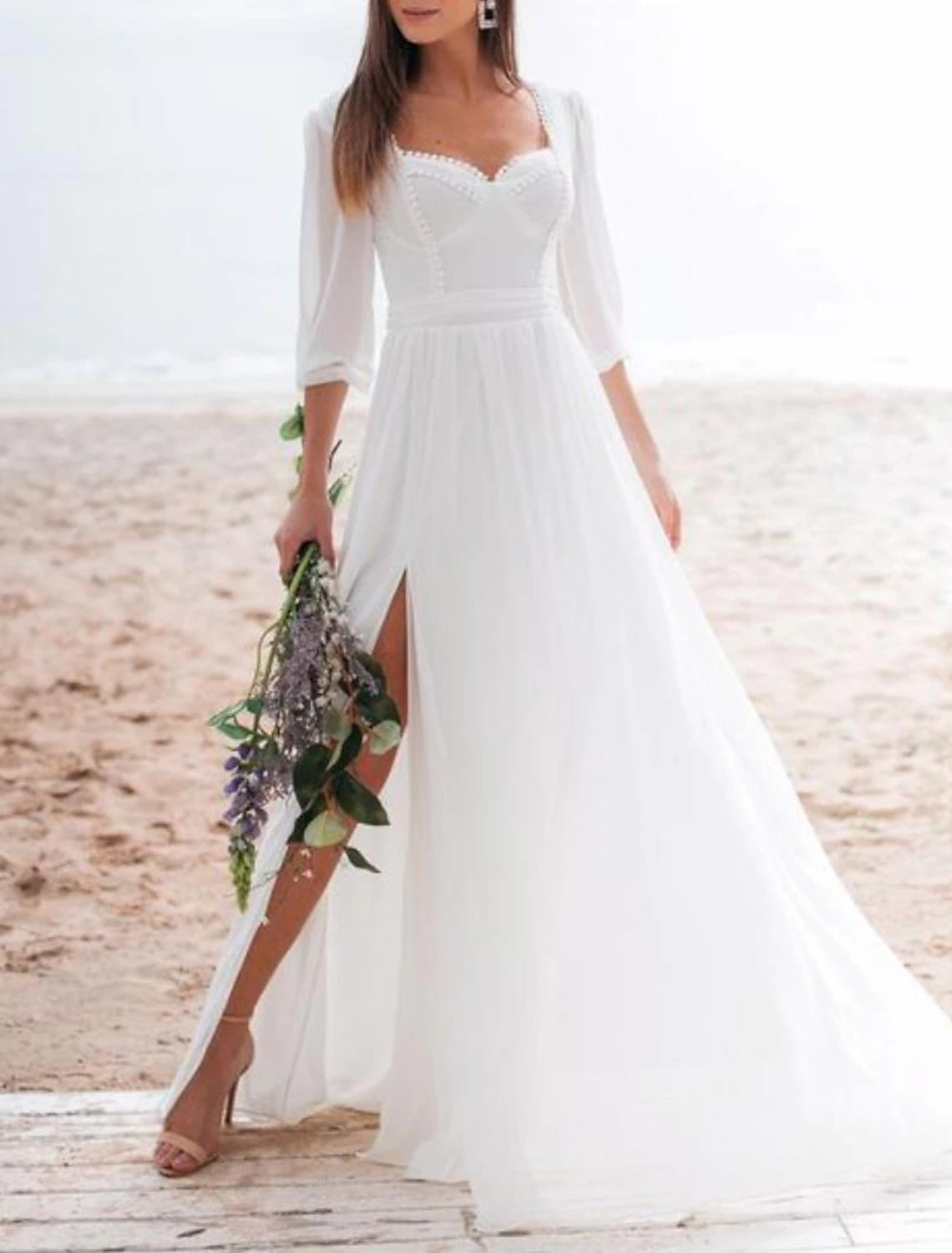 Robes de mariée blanches de plage, coupe trapèze, col carré, manches longues, longueur au sol, en mousseline, avec fente sur le devant froncée