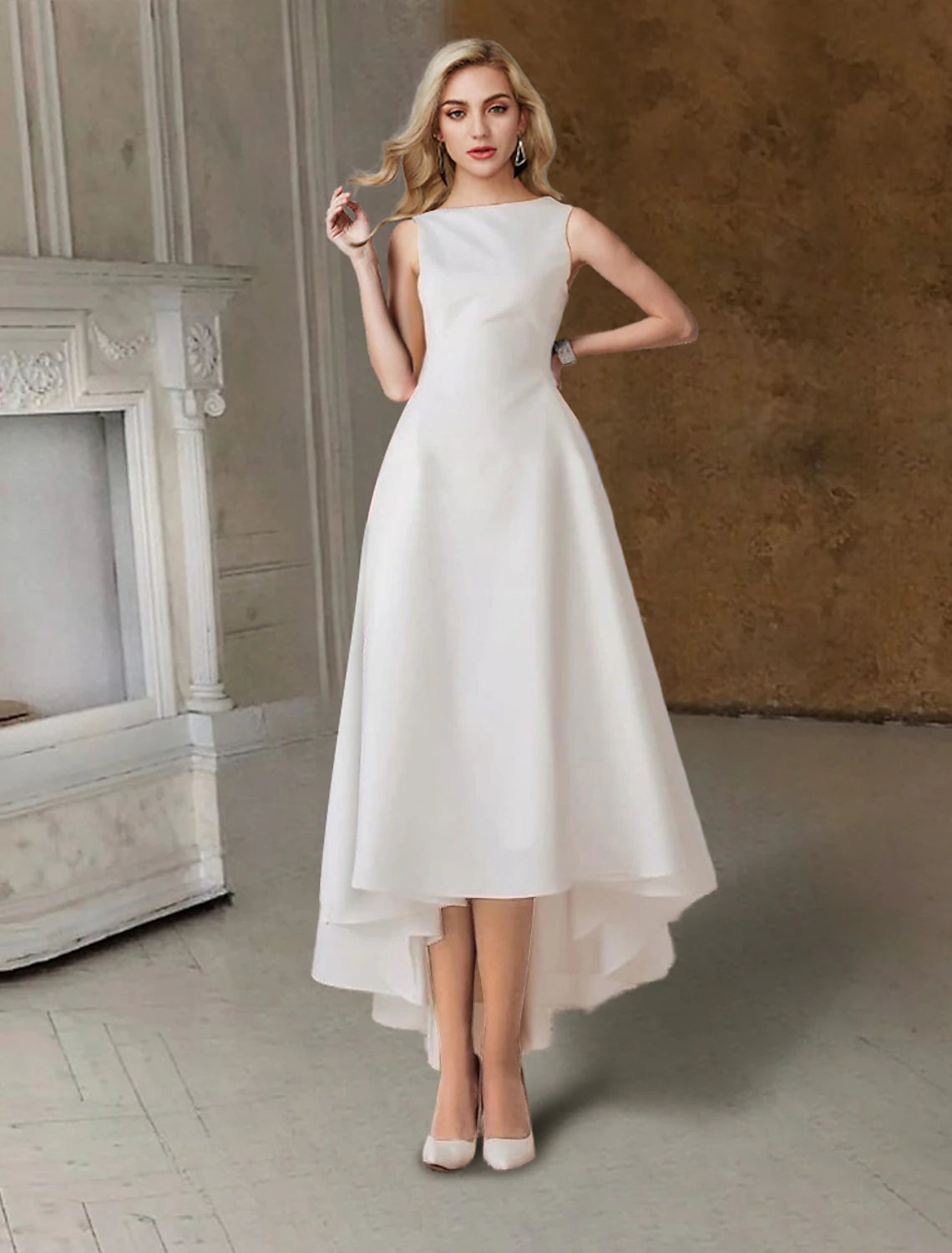 Robes de mariée simples et vintage, robes de mariée fourreau/colonne, manches mi-longues carrées, longueur thé, en satin, couleur unie