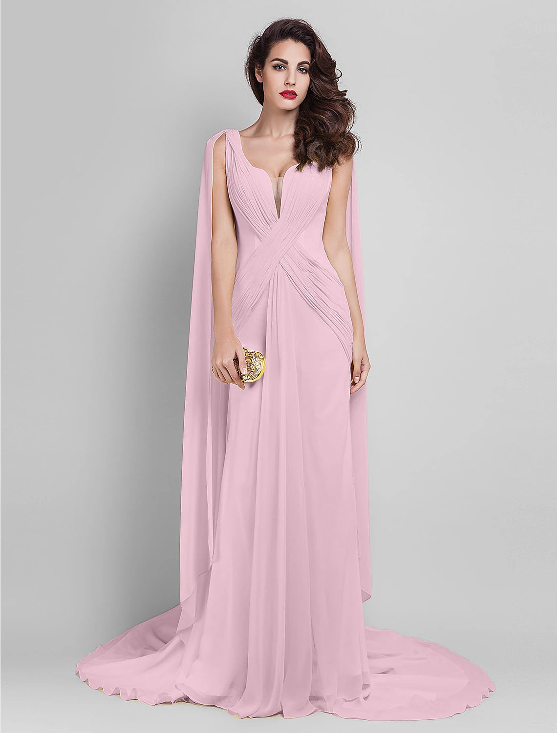 Etuikleid/Säulenkleid, elegantes Kleid, Hochzeitsgast, Abschlussball, Hofschleppe, ärmellos, tiefer Ausschnitt, Georgette, V-Rücken mit überkreuzten Seitendrapings