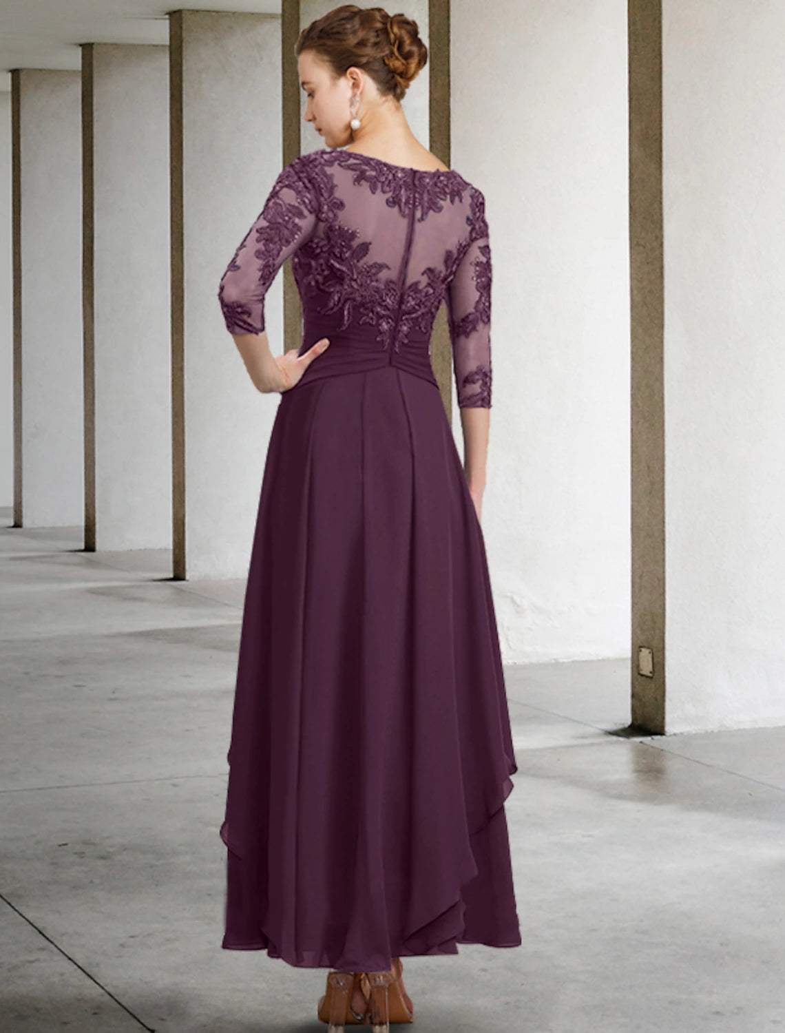 A-Linien-Kleid für die Brautmutter, Applikationen, Herbst, Hochzeitsgast, Übergröße, elegant, U-Ausschnitt, knöchellang, Chiffon, Spitze, Pailletten, 3/4-Ärmel mit Rüschen