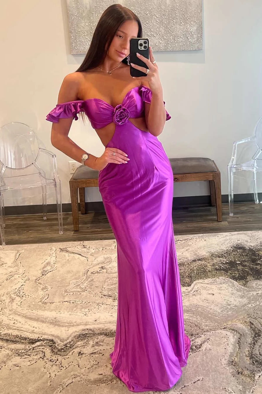 Magenta‑Purple Mermaid Off‑The‑Shoulder Ruffle‑Sleeve Cutout‑Waist 3D‑Floral‑Accent Crisscross‑Lace‑Up‑Back Stretch‑Satin Floor‑Length Prom Dress