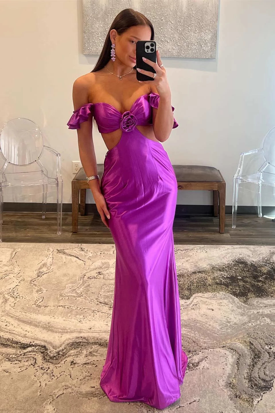 Magenta‑Purple Mermaid Off‑The‑Shoulder Ruffle‑Sleeve Cutout‑Waist 3D‑Floral‑Accent Crisscross‑Lace‑Up‑Back Stretch‑Satin Floor‑Length Prom Dress