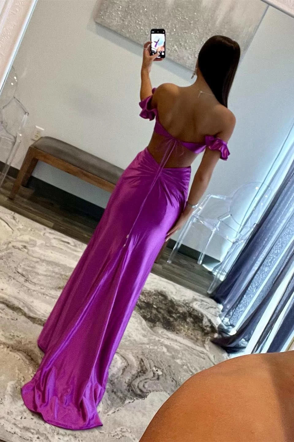 Magenta‑Purple Mermaid Off‑The‑Shoulder Ruffle‑Sleeve Cutout‑Waist 3D‑Floral‑Accent Crisscross‑Lace‑Up‑Back Stretch‑Satin Floor‑Length Prom Dress
