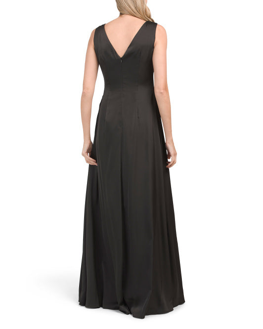 V-neck satin pleated off shoulder and floor length off back prom dress