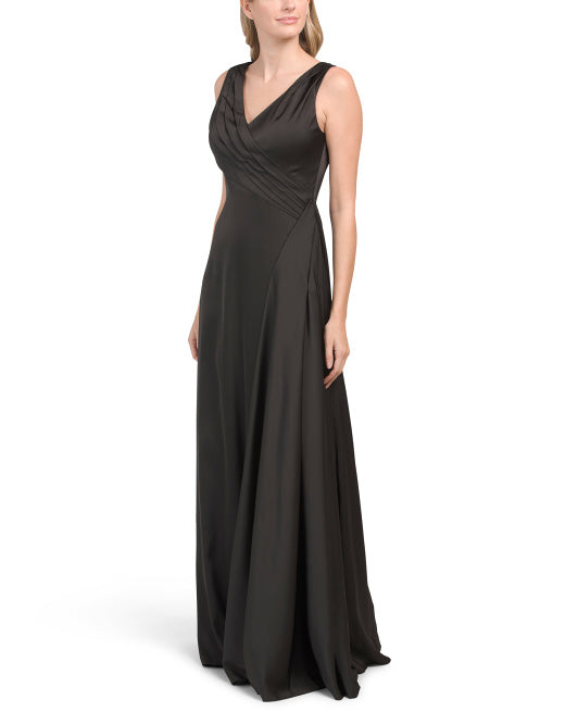 V-neck satin pleated off shoulder and floor length off back prom dress