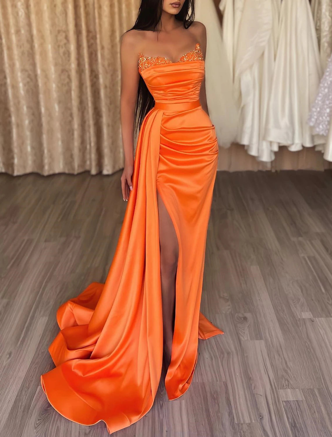 Meerjungfrau-Kleid mit Rüschen, Satinkleid, Cocktailparty, Abschlussball, Hofschleppe, ärmellos, trägerlos, Brautjungfernkleid mit Perlen, Pailletten, reine Farbe