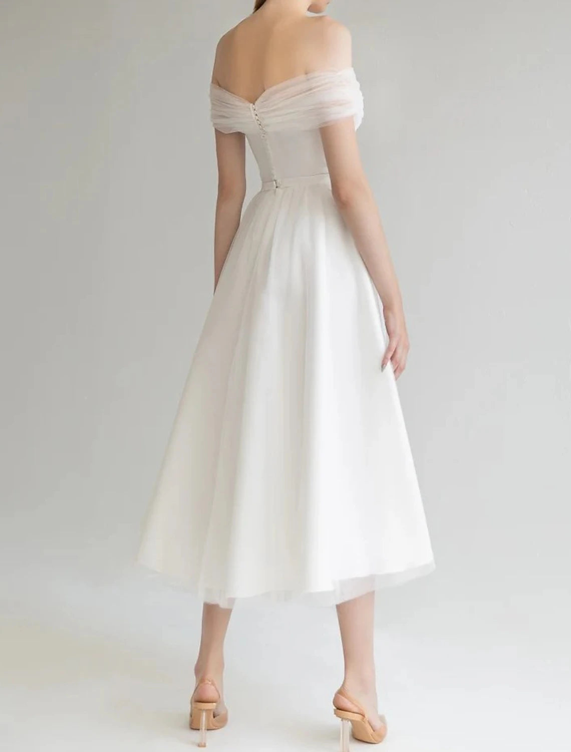 Bridal Shower Little White Dresses Wedding Dresses A-Line Off Shoulder Sleeveless Tea Length Satin Bridal Gowns With Solid Color