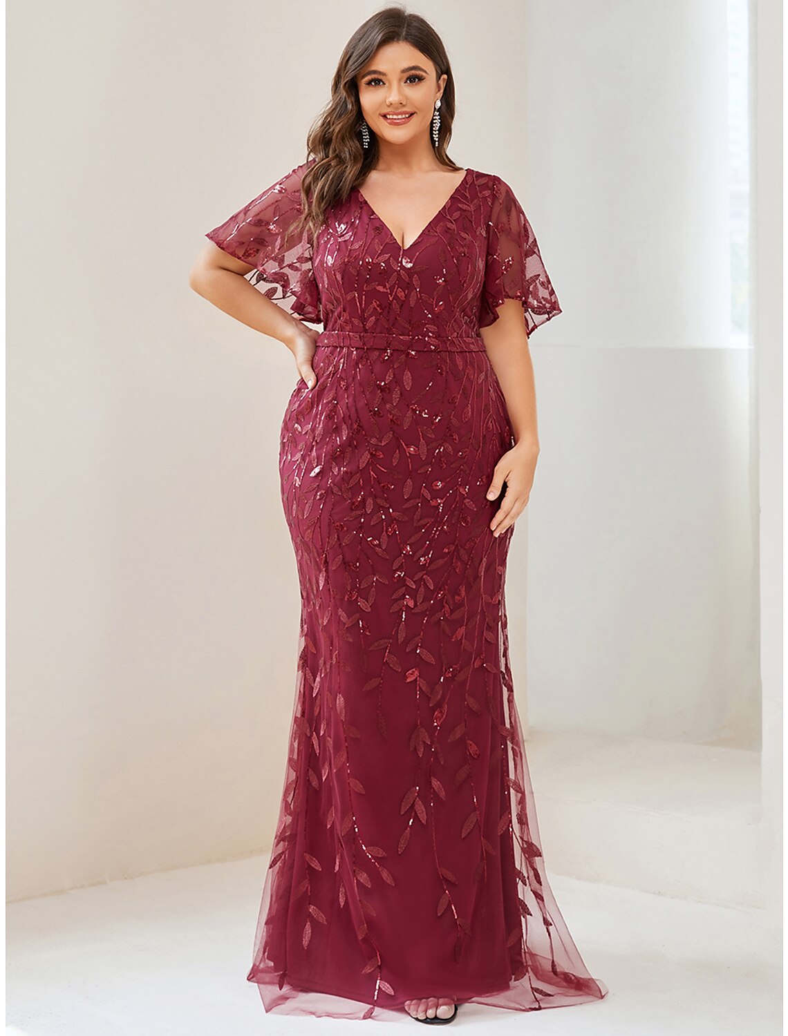 Meerjungfrau/Trompete Abendkleid Glitzerkleid Formelle Cocktailparty Bodenlang Kurzarm V-Ausschnitt Herbst Hochzeitsgast Tüll mit Pailletten