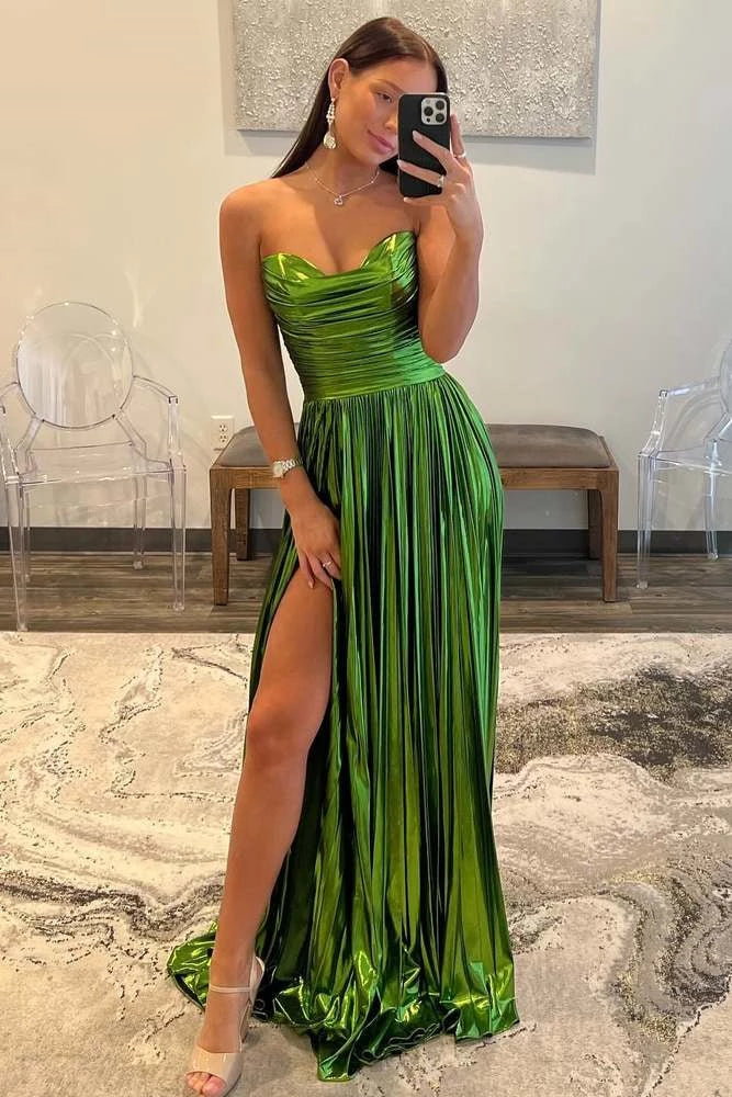 Metallic‑Green A‑Line Strapless Sweetheart Open‑Back Floor‑Length Prom Dress
