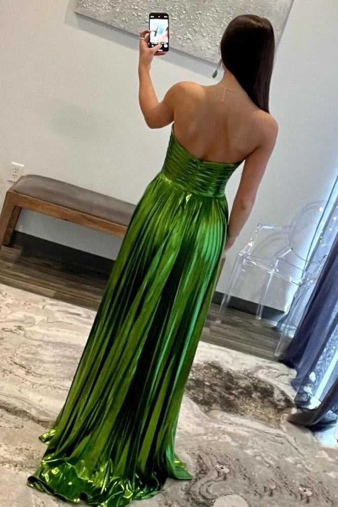 Metallic‑Green A‑Line Strapless Sweetheart Open‑Back Floor‑Length Prom Dress