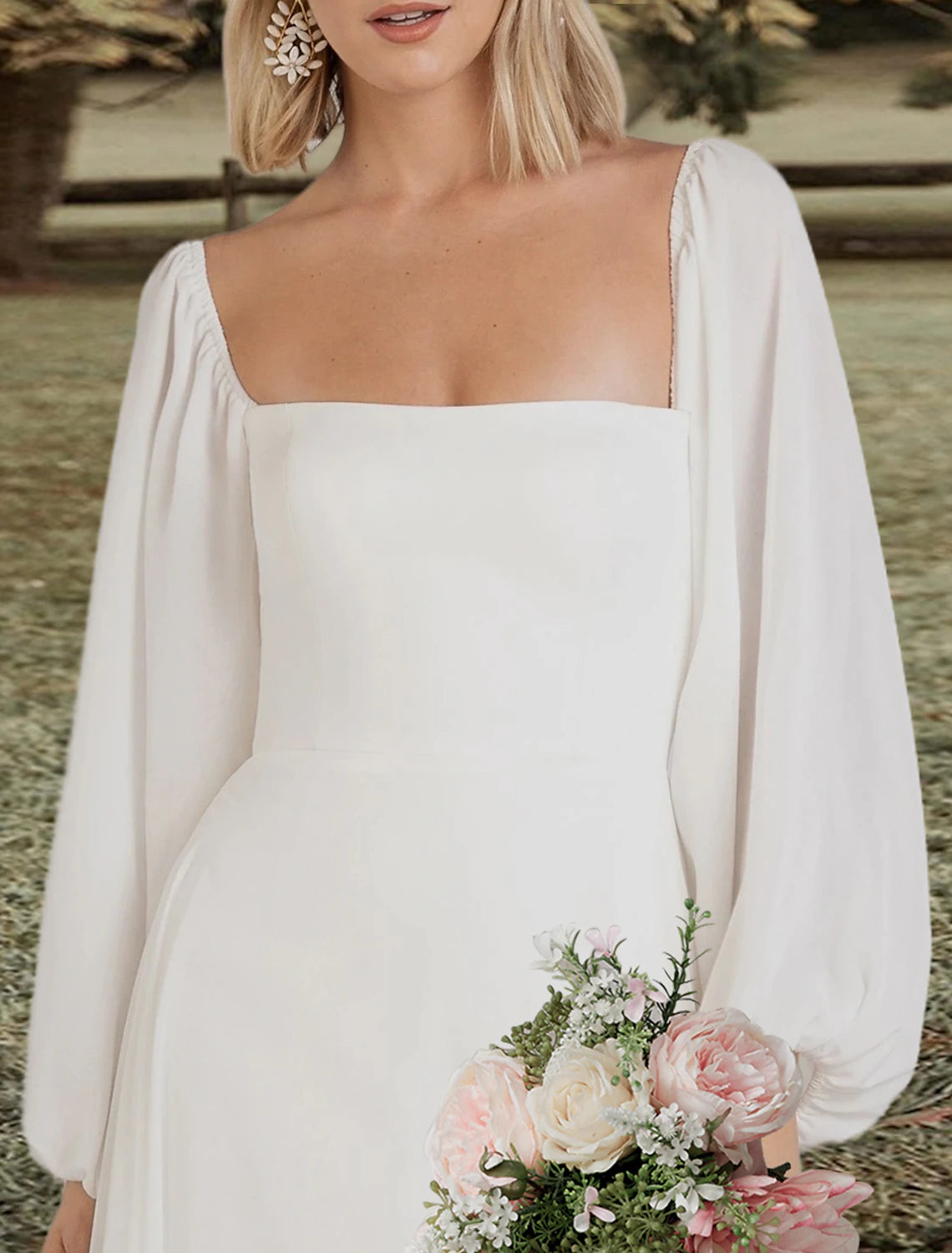 Robes de mariée de fiançailles dos nu, coupe trapèze, col carré, manches longues, traîne courte, en mousseline de soie, couleur unie