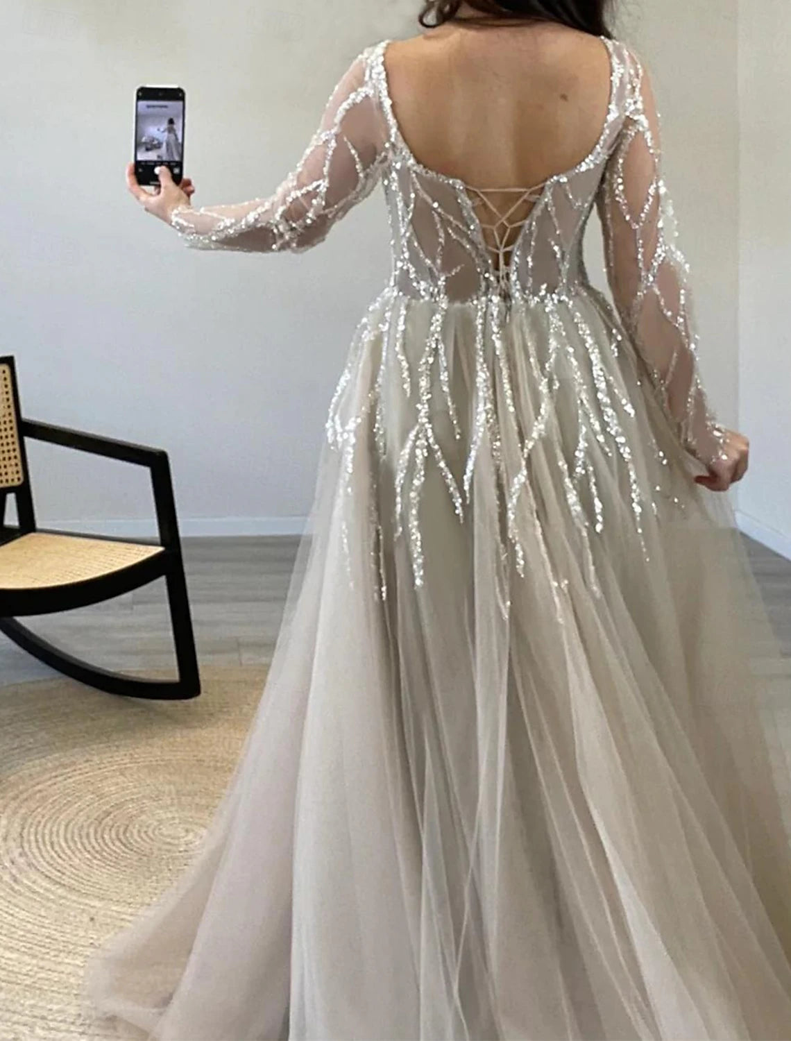 Robe de bal trapèze élégante, longueur au sol, sans manches, col carré, tulle à paillettes