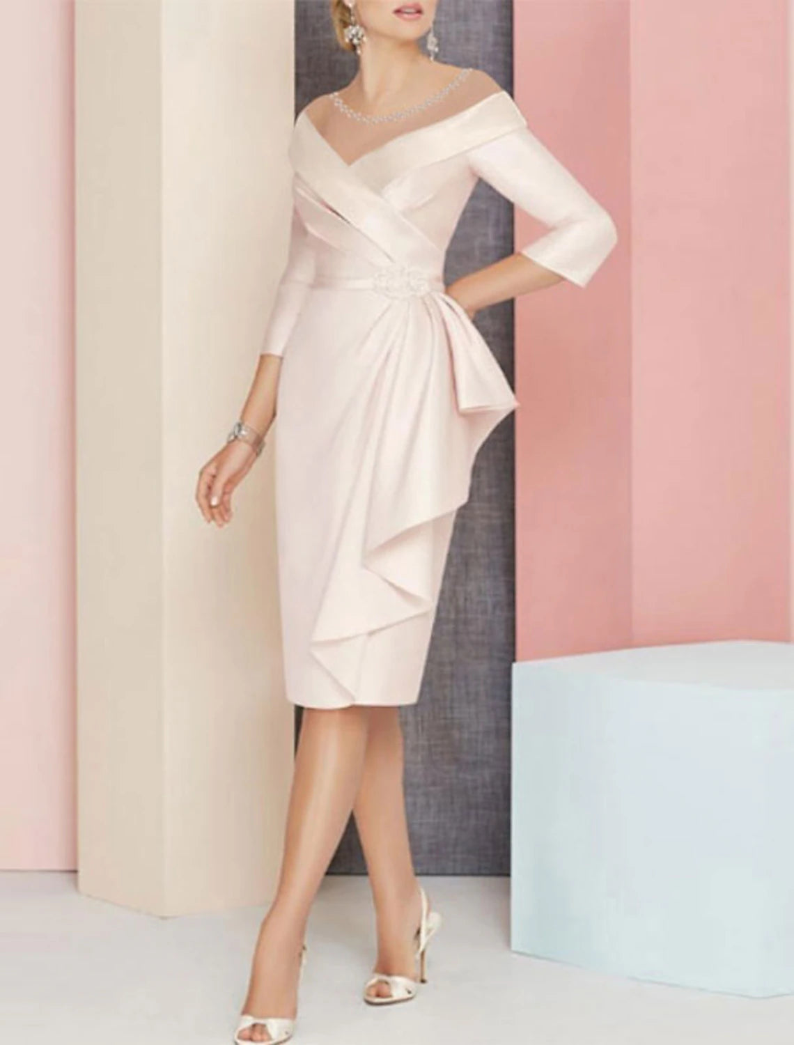 Sheath / Column Mother of the Bride Dress Wedding Guest Elegant Vintage Plus Size V Neck Knee Length Satin 3/4 Length Sleeve with Sash / Ribbon Ruching