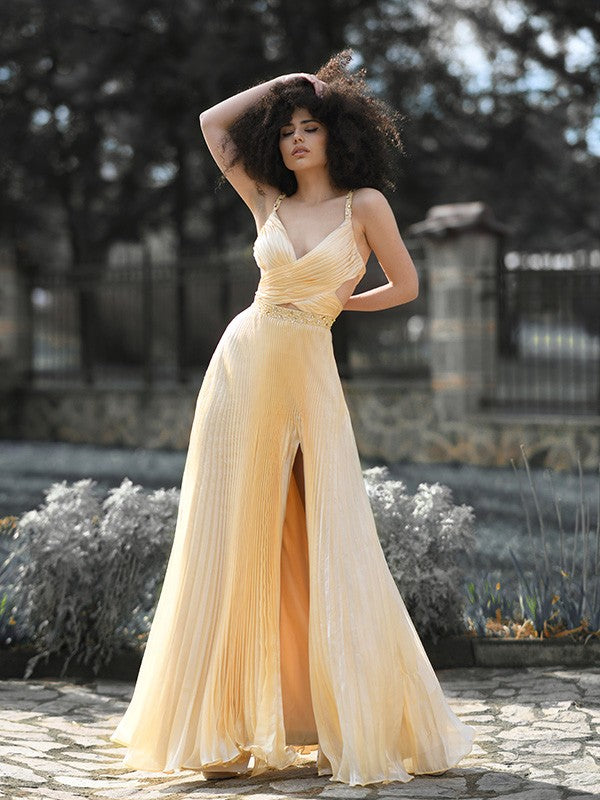 A-Line/Princess Ruffles Sweep/Brush Train Satin Sleeveless V-neck Dresses