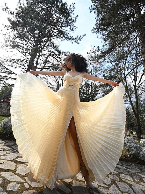A-Line/Princess Ruffles Sweep/Brush Train Satin Sleeveless V-neck Dresses