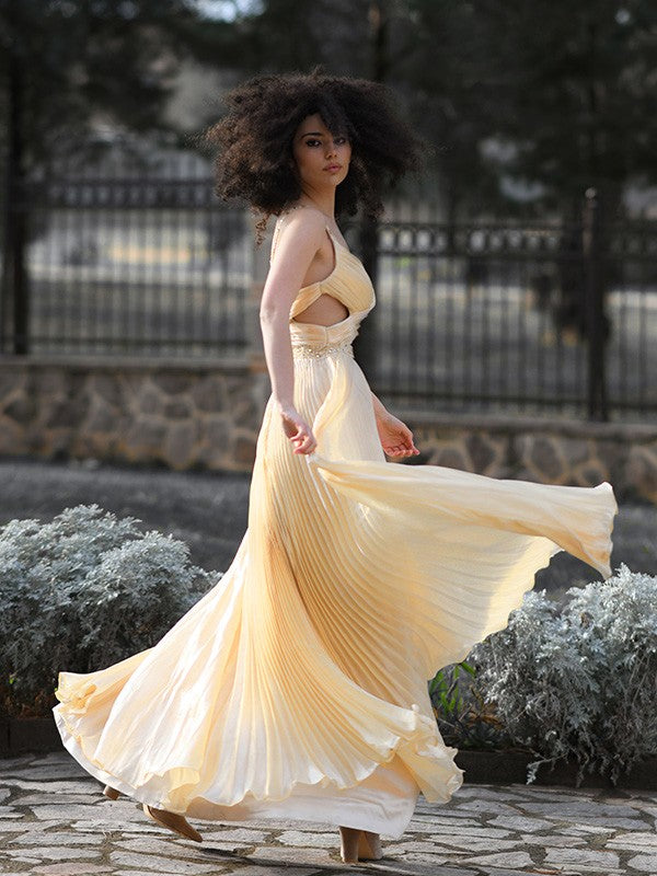 A-Line/Princess Ruffles Sweep/Brush Train Satin Sleeveless V-neck Dresses