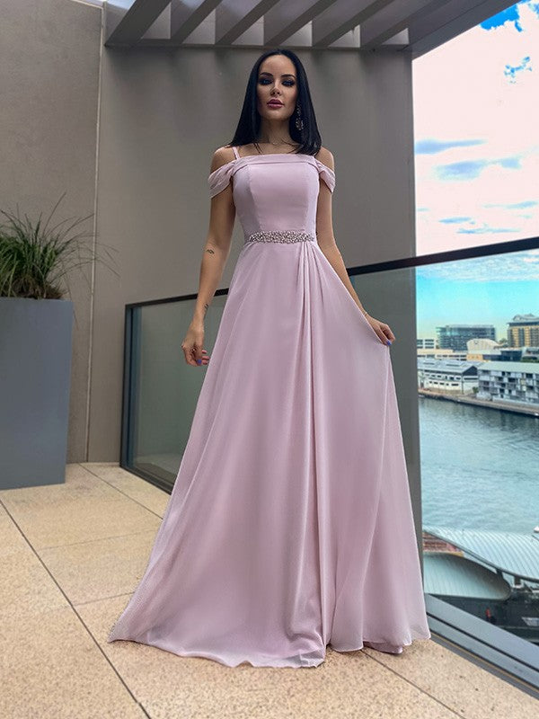A-Line/Princess Chiffon Beading Straps Sleeveless Floor-Length Dresses