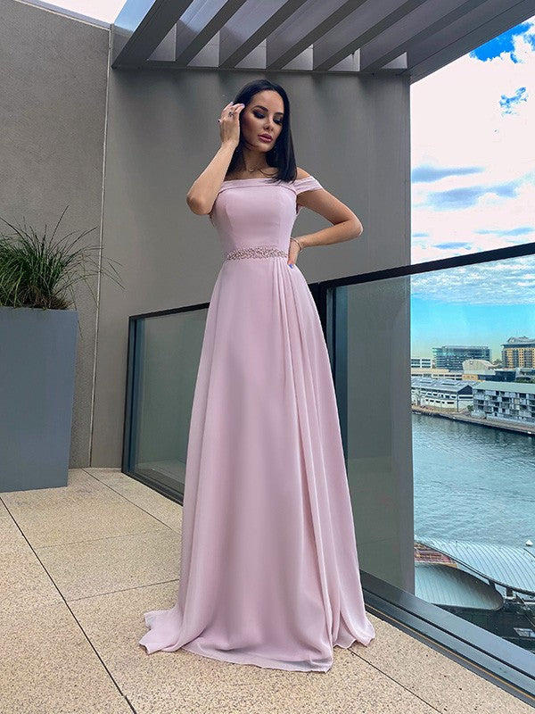 A-Line/Princess Chiffon Beading Straps Sleeveless Floor-Length Dresses