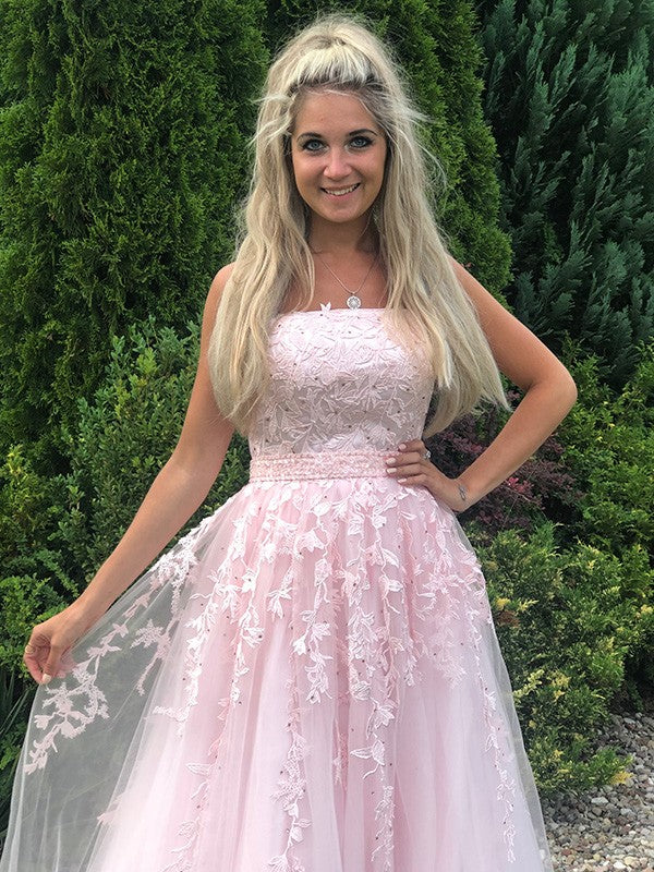 A-Line/Princess Strapless Sleeveless Floor-Length Applique Tulle Dresses