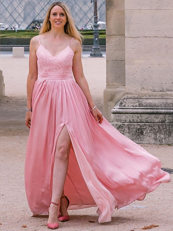 A-Line/Princess Spaghetti Straps Silk like Satin Applique Sleeveless Floor-Length Dresses