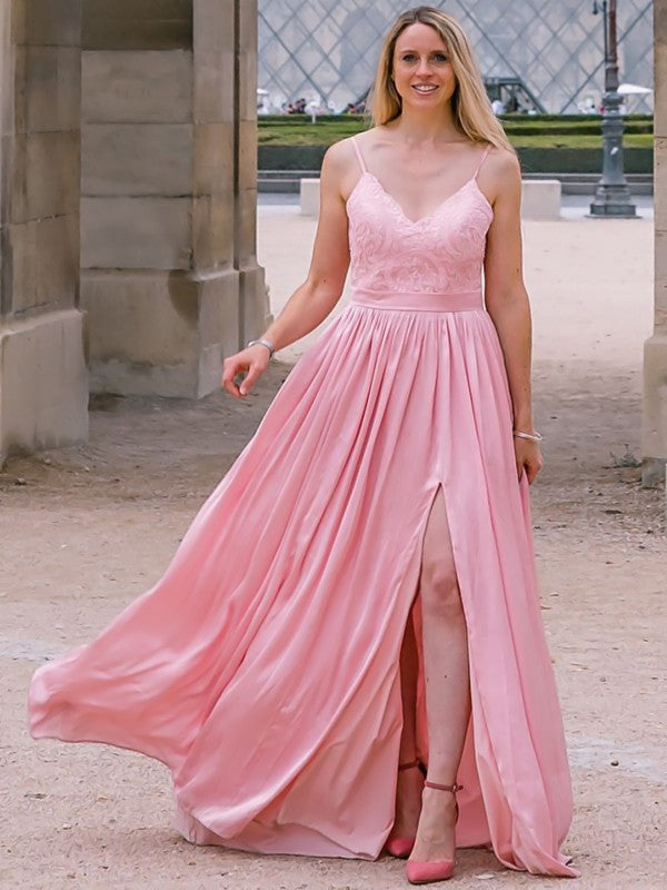 A-Line/Princess Spaghetti Straps Silk like Satin Applique Sleeveless Floor-Length Dresses