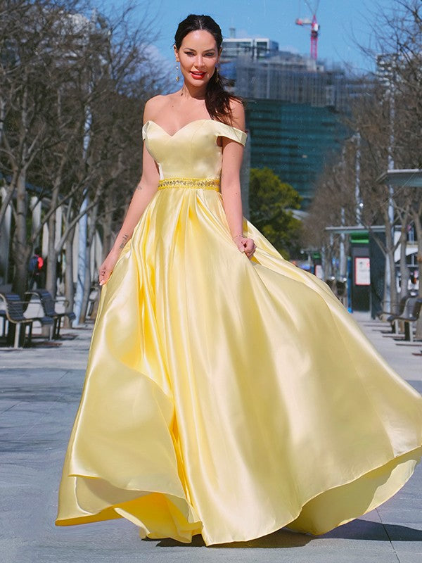 A-Line/Princess Sleeveless Off-the-Shoulder Satin Ruffles Floor-Length Dresses