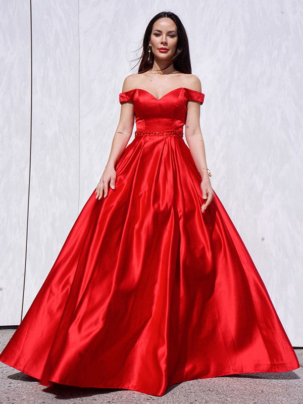 A-Line/Princess Sleeveless Off-the-Shoulder Satin Ruffles Floor-Length Dresses