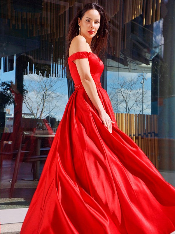 A-Line/Princess Sleeveless Off-the-Shoulder Satin Ruffles Floor-Length Dresses