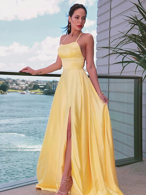 A-Line/Princess Spaghetti Straps  Woven Satin Sleeveless Ruffles Sweep/Brush Train Dresses