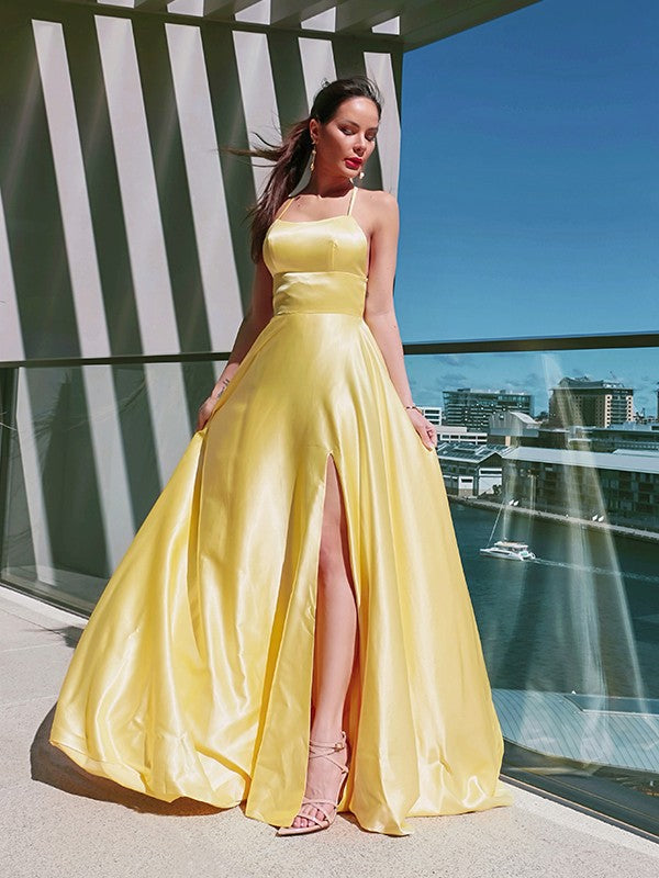 A-Line/Princess Spaghetti Straps  Woven Satin Sleeveless Ruffles Sweep/Brush Train Dresses