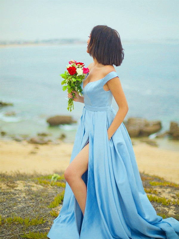 A-Line/Princess Off-the-Shoulder Satin Ruffles Sweep/Brush Train Sleeveless Dresses
