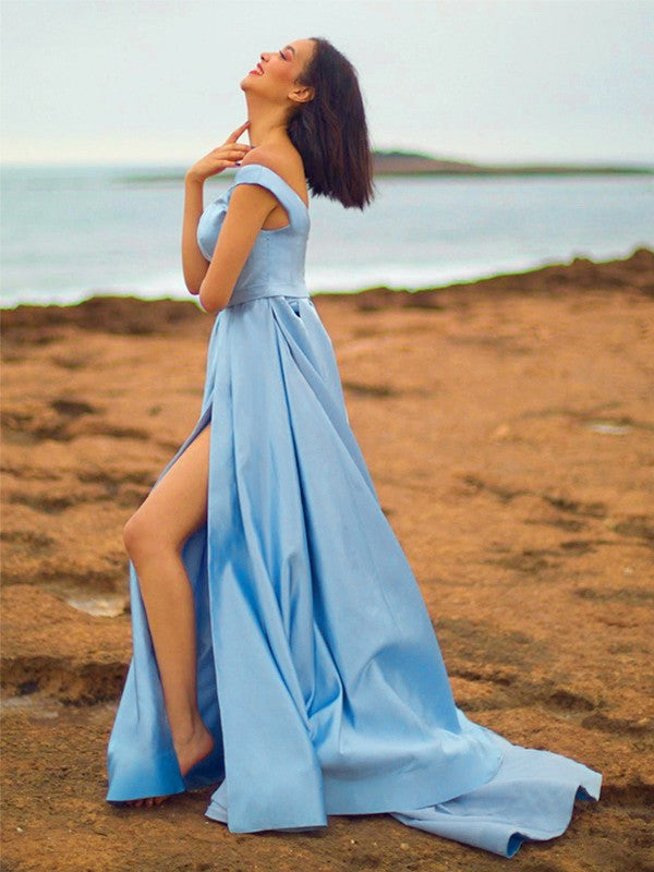 A-Line/Princess Off-the-Shoulder Satin Ruffles Sweep/Brush Train Sleeveless Dresses
