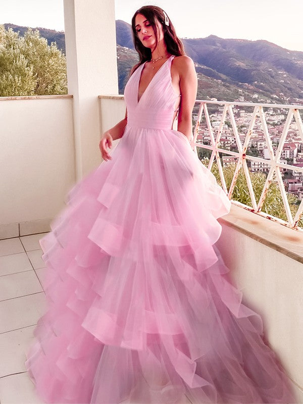Robe trapèze/princesse à volants, col en V, sans manches, en organza, longueur au sol
