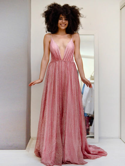 A-Line/Princess V-neck Sequins Ruffles Sleeveless Sweep/Brush Train Dresses