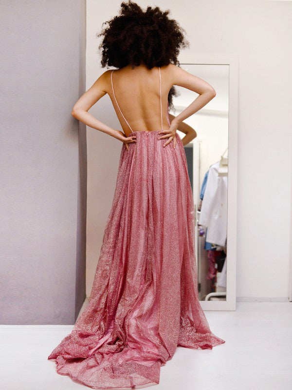 A-Line/Princess V-neck Sequins Ruffles Sleeveless Sweep/Brush Train Dresses