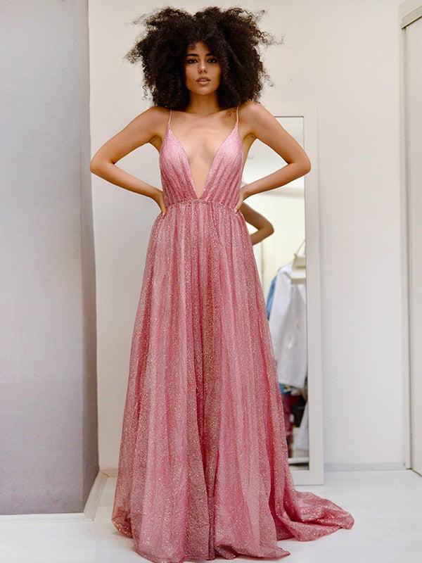 Robe trapèze/princesse à paillettes, col en V, volants, sans manches, traîne courte