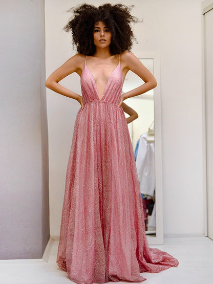 A-Line/Princess V-neck Sequins Ruffles Sleeveless Sweep/Brush Train Dresses